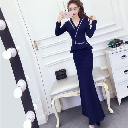 FA55450# 春网红气质修身v领礼服长裙收腰显瘦包臀连衣裙A  服裝批發女裝批發服飾貨源