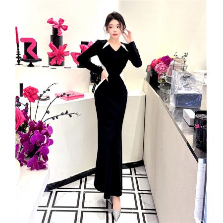 FA55452# 春秋季新款v领撞色收腰显瘦长裙紧身包臀连衣裙  服裝批發女裝批發服飾貨源