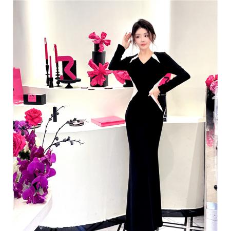 FA55452# 春秋季新款v领撞色收腰显瘦长裙紧身包臀连衣裙  服裝批發女裝批發服飾貨源