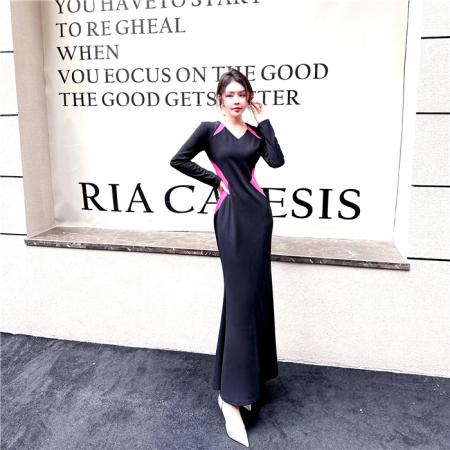 FA55452# 春秋季新款v领撞色收腰显瘦长裙紧身包臀连衣裙  服裝批發女裝批發服飾貨源