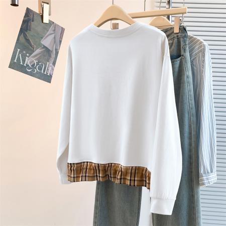 FA55453# 春季新品休闲百搭韩版卫衣学院风格子拼接宽松T恤简约上衣女  服裝批發女裝批發服飾貨源