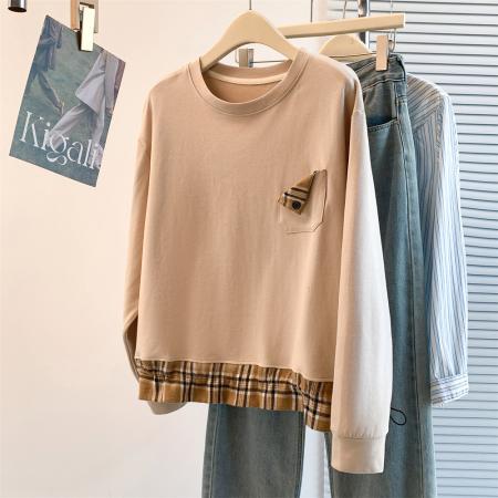 FA55453# 春季新品休闲百搭韩版卫衣学院风格子拼接宽松T恤简约上衣女  服裝批發女裝批發服飾貨源