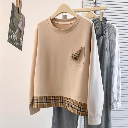 FA55453# 春季新品休闲百搭韩版卫衣学院风格子拼接宽松T恤简约上衣女  服裝批發女裝批發服飾貨源