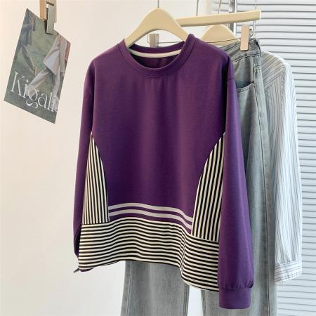 FA55454# 设计感洋气减龄时尚休闲百搭卫衣秋冬韩版条纹拼接高级感T恤  服裝批發女裝批發服飾貨源