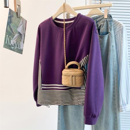 FA55454# 设计感洋气减龄时尚休闲百搭卫衣秋冬韩版条纹拼接高级感T恤  服裝批發女裝批發服飾貨源