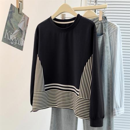 FA55454# 设计感洋气减龄时尚休闲百搭卫衣秋冬韩版条纹拼接高级感T恤  服裝批發女裝批發服飾貨源