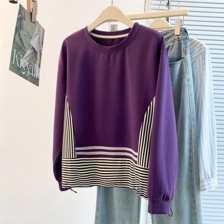 FA55454# 设计感洋气减龄时尚休闲百搭卫衣秋冬韩版条纹拼接高级感T恤  服裝批發女裝批發服飾貨源