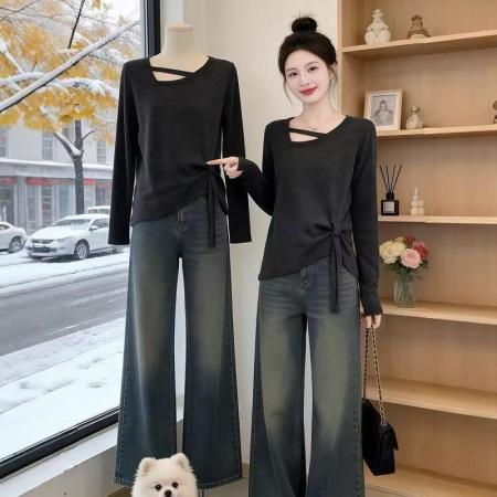 FA55457# 不规则镂空正肩长袖T恤女春季新款大码胖MM简约上衣  服裝批發女裝批發服飾貨源