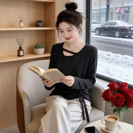 FA55457# 不规则镂空正肩长袖T恤女春季新款大码胖MM简约上衣  服裝批發女裝批發服飾貨源