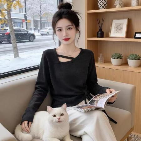 FA55457# 不规则镂空正肩长袖T恤女春季新款大码胖MM简约上衣  服裝批發女裝批發服飾貨源