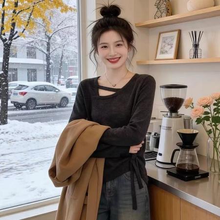 FA55457# 不规则镂空正肩长袖T恤女春季新款大码胖MM简约上衣  服裝批發女裝批發服飾貨源