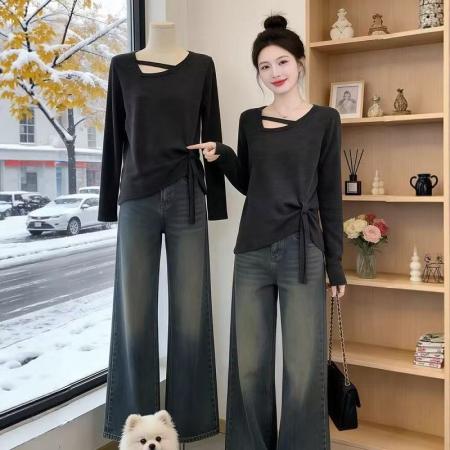 FA55457# 不规则镂空正肩长袖T恤女春季新款大码胖MM简约上衣  服裝批發女裝批發服飾貨源