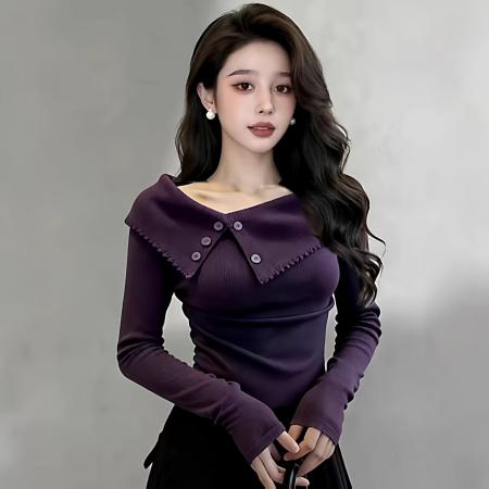 FA55458# 紫色翻领露锁骨女秋季新款内搭打底衫上衣T恤  服裝批發女裝批發服飾貨源