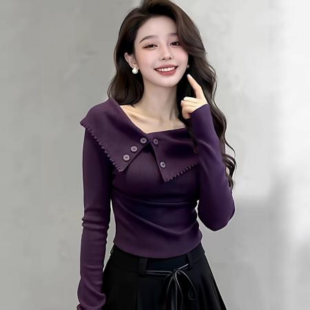 FA55458# 紫色翻领露锁骨女秋季新款内搭打底衫上衣T恤  服裝批發女裝批發服飾貨源