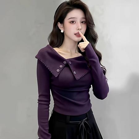 FA55458# 紫色翻领露锁骨女秋季新款内搭打底衫上衣T恤  服裝批發女裝批發服飾貨源