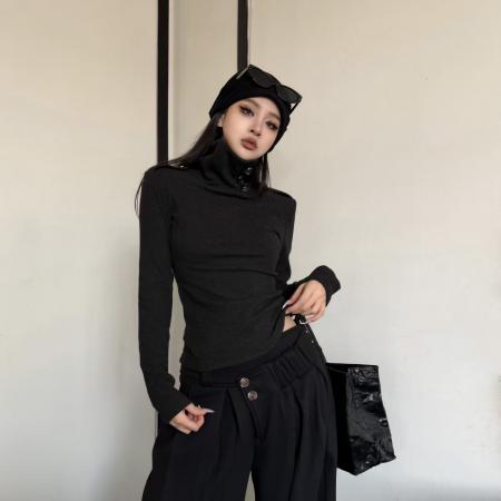 FA55459# 法国罗纹独特魅力冬季修身打底衫百搭上衣高领长袖新款  服裝批發女裝批發服飾貨源