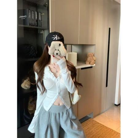 FA55460# 辣妹风白色木耳边长袖T恤女装春季小众收腰显瘦开衫上衣  服裝批發女裝批發服飾貨源