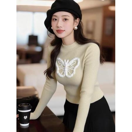 FA55462# 法式甜美风蝴蝶设计针织衫女冬季洋气圆领长袖修身百搭打底衫上衣  服裝批發女裝批發服飾貨源