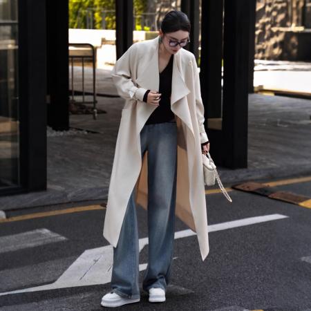 FA55463# 早春季新款时尚风衣女英伦风可调节宽松慵懒过膝中长款外套  服裝批發女裝批發服飾貨源