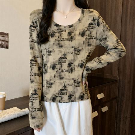 FA55464# 时尚扎染圆领长袖t恤女秋季大码胖MM显瘦修身洋气内搭打底衫上衣  服裝批發女裝批發服飾貨源