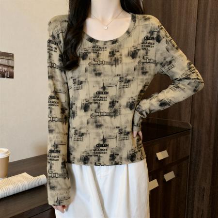 FA55464# 时尚扎染圆领长袖t恤女秋季大码胖MM显瘦修身洋气内搭打底衫上衣  服裝批發女裝批發服飾貨源