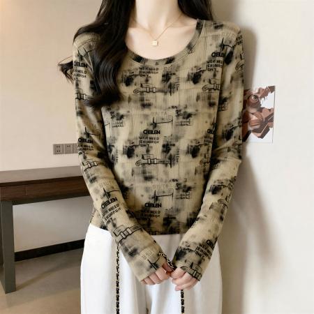 FA55464# 时尚扎染圆领长袖t恤女秋季大码胖MM显瘦修身洋气内搭打底衫上衣  服裝批發女裝批發服飾貨源