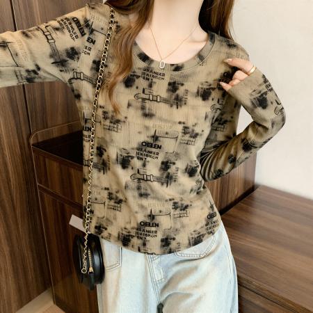 FA55464# 时尚扎染圆领长袖t恤女秋季大码胖MM显瘦修身洋气内搭打底衫上衣  服裝批發女裝批發服飾貨源