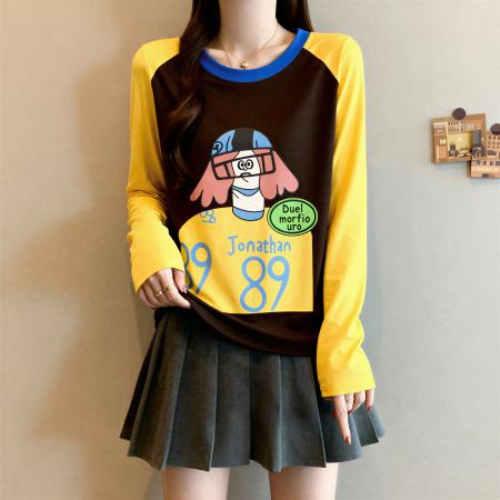 FA55466# 纯棉撞色插肩袖长袖t恤女秋冬新款流行大码胖MM显瘦打底上衣  服裝批發女裝批發服飾貨源