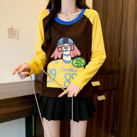 FA55466# 纯棉撞色插肩袖长袖t恤女秋冬新款流行大码胖MM显瘦打底上衣  服裝批發女裝批發服飾貨源