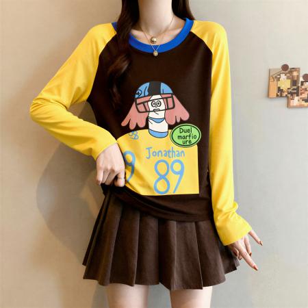 FA55466# 纯棉撞色插肩袖长袖t恤女秋冬新款流行大码胖MM显瘦打底上衣  服裝批發女裝批發服飾貨源