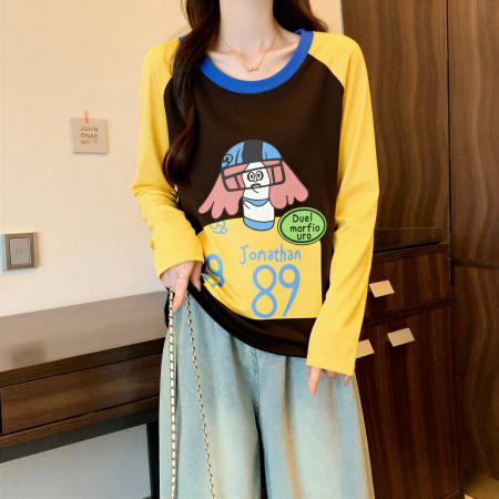 FA55466# 纯棉撞色插肩袖长袖t恤女秋冬新款流行大码胖MM显瘦打底上衣  服裝批發女裝批發服飾貨源