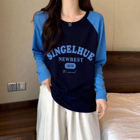 FA55467# 纯棉插肩印花长袖t恤女新款早秋大码胖MM显瘦宽松上衣打底衫  服裝批發女裝批發服飾貨源