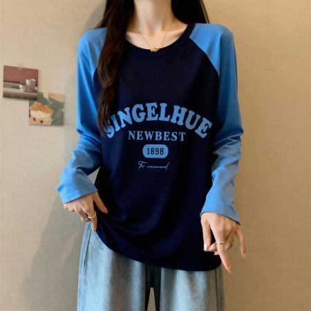 FA55467# 纯棉插肩印花长袖t恤女新款早秋大码胖MM显瘦宽松上衣打底衫  服裝批發女裝批發服飾貨源