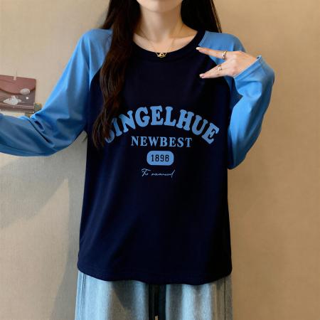 FA55467# 纯棉插肩印花长袖t恤女新款早秋大码胖MM显瘦宽松上衣打底衫  服裝批發女裝批發服飾貨源