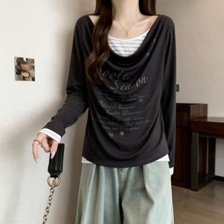 FA55468# 大码胖mm纯棉美式假两件拼接长袖T恤女秋季收腰修身显瘦别致上衣  服裝批發女裝批發服飾貨源