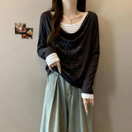 FA55468# 大码胖mm纯棉美式假两件拼接长袖T恤女秋季收腰修身显瘦别致上衣  服裝批發女裝批發服飾貨源