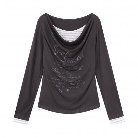 FA55468# 大码胖mm纯棉美式假两件拼接长袖T恤女秋季收腰修身显瘦别致上衣  服裝批發女裝批發服飾貨源