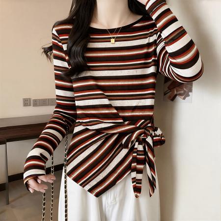 FA55469# 大码韩系慵懒风绑带条纹上衣女秋季胖MM显瘦漂亮露肩长袖T恤  服裝批發女裝批發服飾貨源