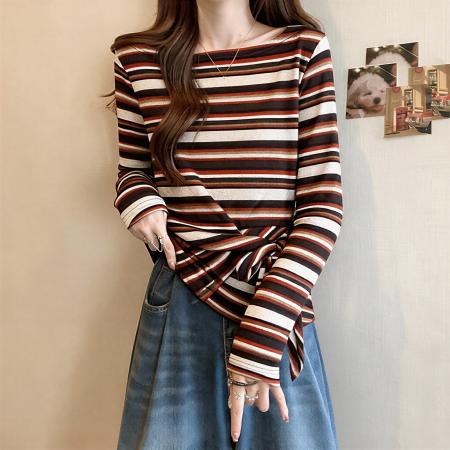 FA55469# 大码韩系慵懒风绑带条纹上衣女秋季胖MM显瘦漂亮露肩长袖T恤  服裝批發女裝批發服飾貨源