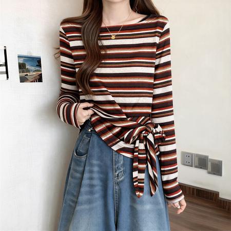 FA55469# 大码韩系慵懒风绑带条纹上衣女秋季胖MM显瘦漂亮露肩长袖T恤  服裝批發女裝批發服飾貨源