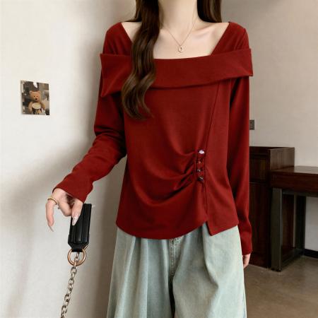 FA55470# 大码纯棉气质一字肩长袖T恤女装秋季胖MM显瘦设计感别致修身上衣  服裝批發女裝批發服飾貨源