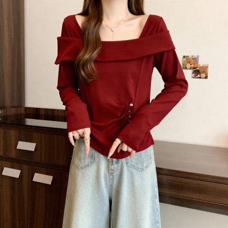 FA55470# 大码纯棉气质一字肩长袖T恤女装秋季胖MM显瘦设计感别致修身上衣  服裝批發女裝批發服飾貨源