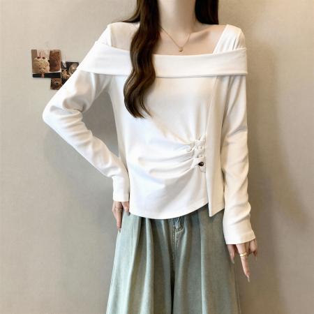 FA55470# 大码纯棉气质一字肩长袖T恤女装秋季胖MM显瘦设计感别致修身上衣  服裝批發女裝批發服飾貨源