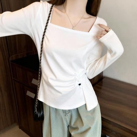 FA55470# 大码纯棉气质一字肩长袖T恤女装秋季胖MM显瘦设计感别致修身上衣  服裝批發女裝批發服飾貨源