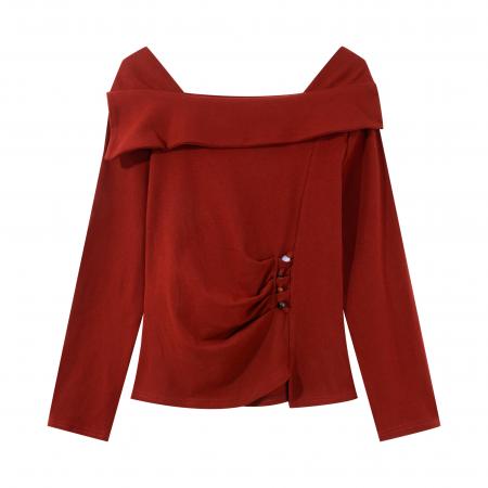 FA55470# 大码纯棉气质一字肩长袖T恤女装秋季胖MM显瘦设计感别致修身上衣  服裝批發女裝批發服飾貨源