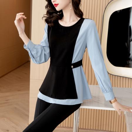 FA55473# 大码女装拼接撞色不规则春夏季新款法式时尚收腰显瘦上衣女  服裝批發女裝批發服飾貨源