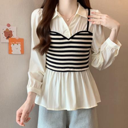 FA55474# 秋季新款胖mm大码女甜美系气质假两件条纹吊带衬衣上衣  服裝批發女裝批發服飾貨源