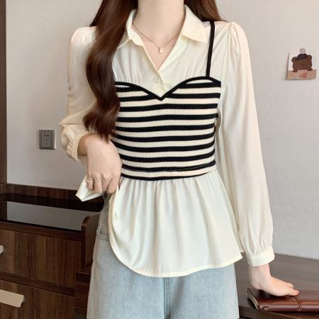 FA55474# 秋季新款胖mm大码女甜美系气质假两件条纹吊带衬衣上衣  服裝批發女裝批發服飾貨源