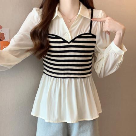 FA55474# 秋季新款胖mm大码女甜美系气质假两件条纹吊带衬衣上衣  服裝批發女裝批發服飾貨源