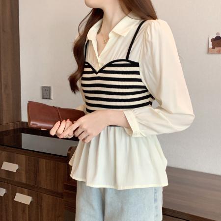 FA55474# 秋季新款胖mm大码女甜美系气质假两件条纹吊带衬衣上衣  服裝批發女裝批發服飾貨源